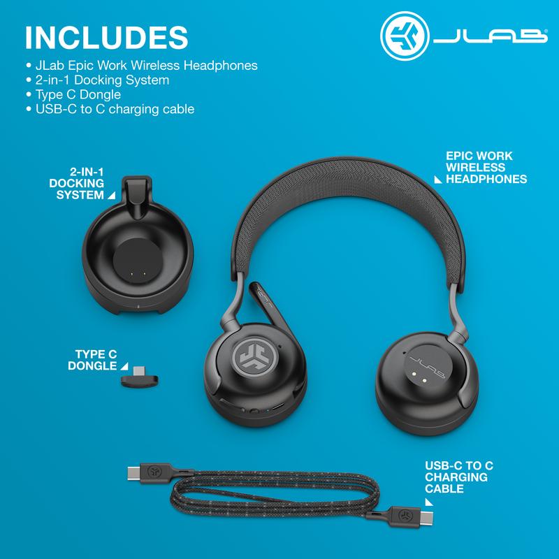 JLab Epic Work ANC Wireless On-Ear Headset Black, Quick Mute Rotating Boom Mic, 2 in 1 Docking Station, Fast Pair, Premium Work Headset, Noise Cancellation, Bluetooth, Crystal Clear Call Quality