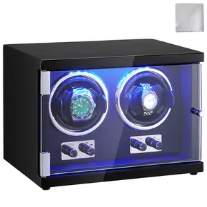VEVOR Watch Winder,  Dual Watch Winder for Men's and Women's Automatic Watch, with 2 Super Quiet Japanese Mabuchi Motors, Blue LED Light and Adapter, High-Density Board Shell and Black PU