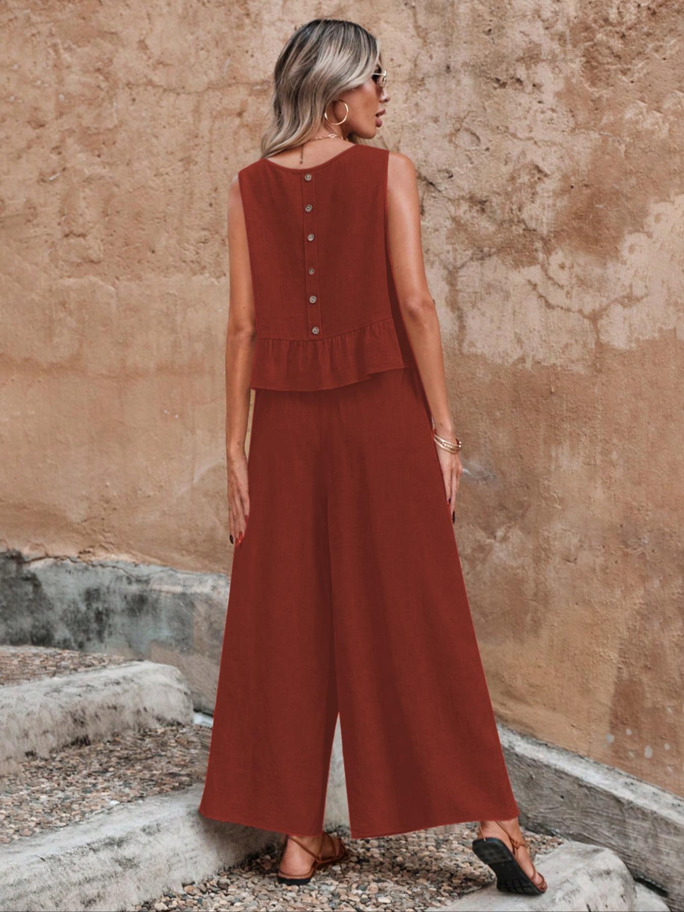 Women'S Solid Ruffle Hem Sleeveless Tank Top & Elastic Waist Wide Leg Pants Set, Casual Button-Detail round Neck Top & Pocket Trousers, Ladies Summer Clothes, Clothing Sets