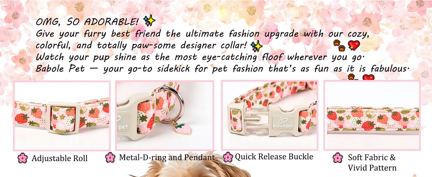 Babole Pet Cute Pink Dog Collar, Adjustable Cotton Dog Accessory with Quick-Release Buckle for Small to Large Girl Boy Dogs