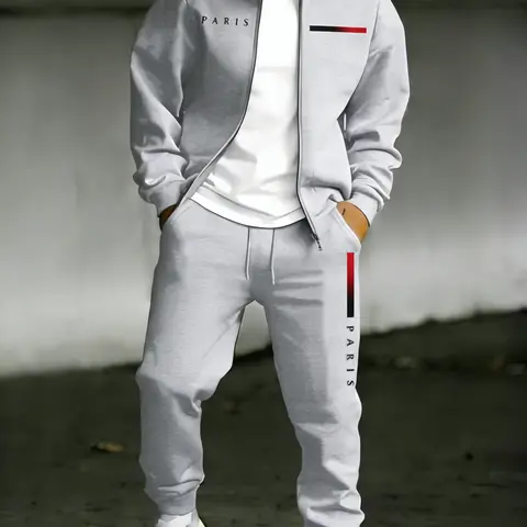 Male Long Sleeve 2-Piece Streetwear Tracksuit, Zip-Up Jacket with PARIS Letter Print, Loose-Fitting Casual Fit Jogger Pants, Machine Washable, 2-Piece Set, Normal Type, M, Polyester
