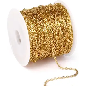33 Feet 18K Gold PVD Plated Stainless Steel Cable Chain Bulk, 2mm 304 Stainless Steel Flat Cable Link Chains Roll Spool for Jewelry Making Necklace DIY Craft