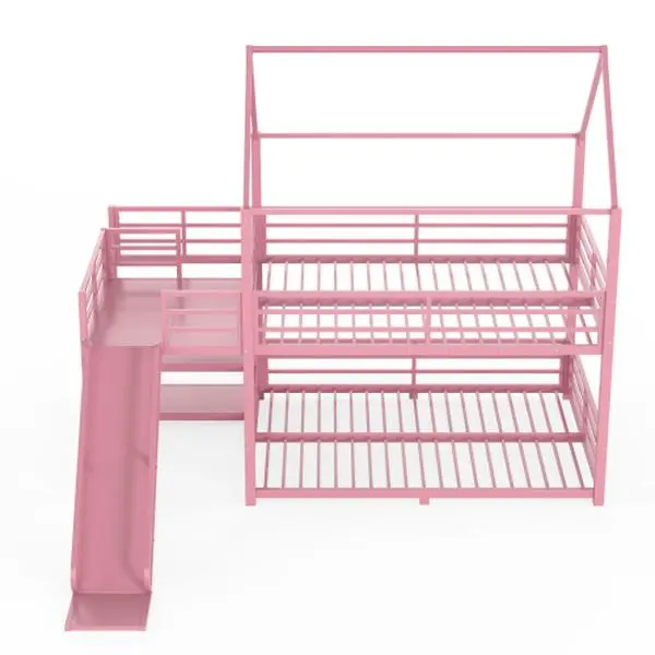 Full-Size Pink Metal House Bunk Bed Frame with House Shape Silhouette, Storage Stairs, Slide, High Safety Rails, Built-In Storage, Durable Structure, Silent Performance, Included Tools & Instructions for Kids’ Bedroom (Assembly Required), Secure