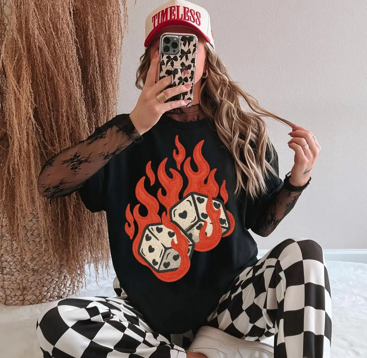 Women's Hot Luck Checkered Flaming Dice Graphic Tee - Round Neck, Retro Rockabilly, Edgy Vintage Casino Inspired, Everyday Casual Fit T-Shirt