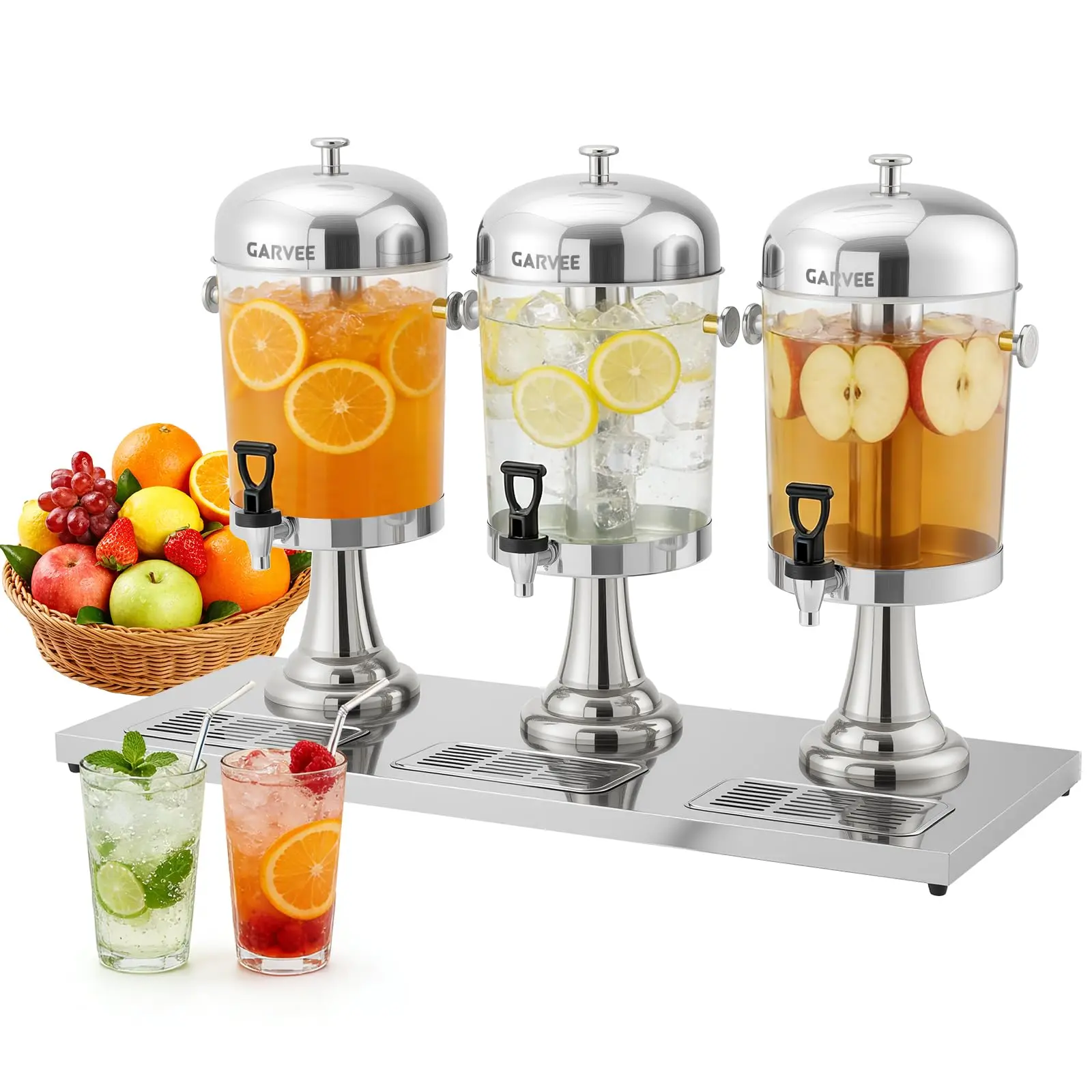3 x 2.2 Gallon Drink Dispenser, Large Drink Dispenser with Ice Core, Stainless Steel Beverage Dispenser with Stand for Cold Drinks for Cold Drinks, Juice, Lemonade, Iced Tea. Silver