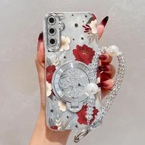 1 Piece S25 Fragrant stamens circular bracket and Lanyard Pattern Case Made From Comfortable feel Enhancing Shockproof In Casual Decorative Smartphone Protector Suitable For Galaxy S25Phone Cases