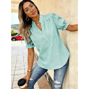 Striped stand up collar fluffy sleeve pleated shirt casual striped V-neck fluffy sleeve daily shirt easy striped stand up collar bubble sleeve commuting shirt topRAIMENTRY