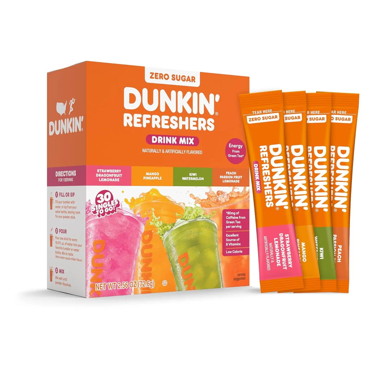 Dunkin’ Zero Sugar Refreshers Singles To Go! Powdered Drink Mix, 30 Ct Variety Pack, Energy from Green Tea, Aspartame-Free, Just Add Water – 30-Ct VP