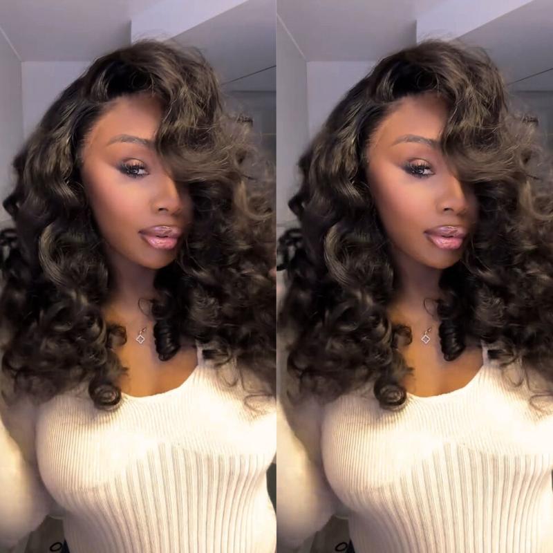 Suntuhair 250% Density Wig Blow Out Luxurious Bomb 12A Brazilian Human Hair Funmi Bouncy Curly Glueless Wigs Pre Plucked Hairline Pre Cut Lace 5x5 Lace Middle Part Closure Wigs Super Double Drawn Wig 90s Style