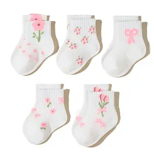 5 Pairs Baby Girl Knee High Socks Floral Bow Pastel Colors Soft Polyester Toddler Socks Hand Wash Durable Everyday Playful Patterns Birthday Gift for Toddlers Children