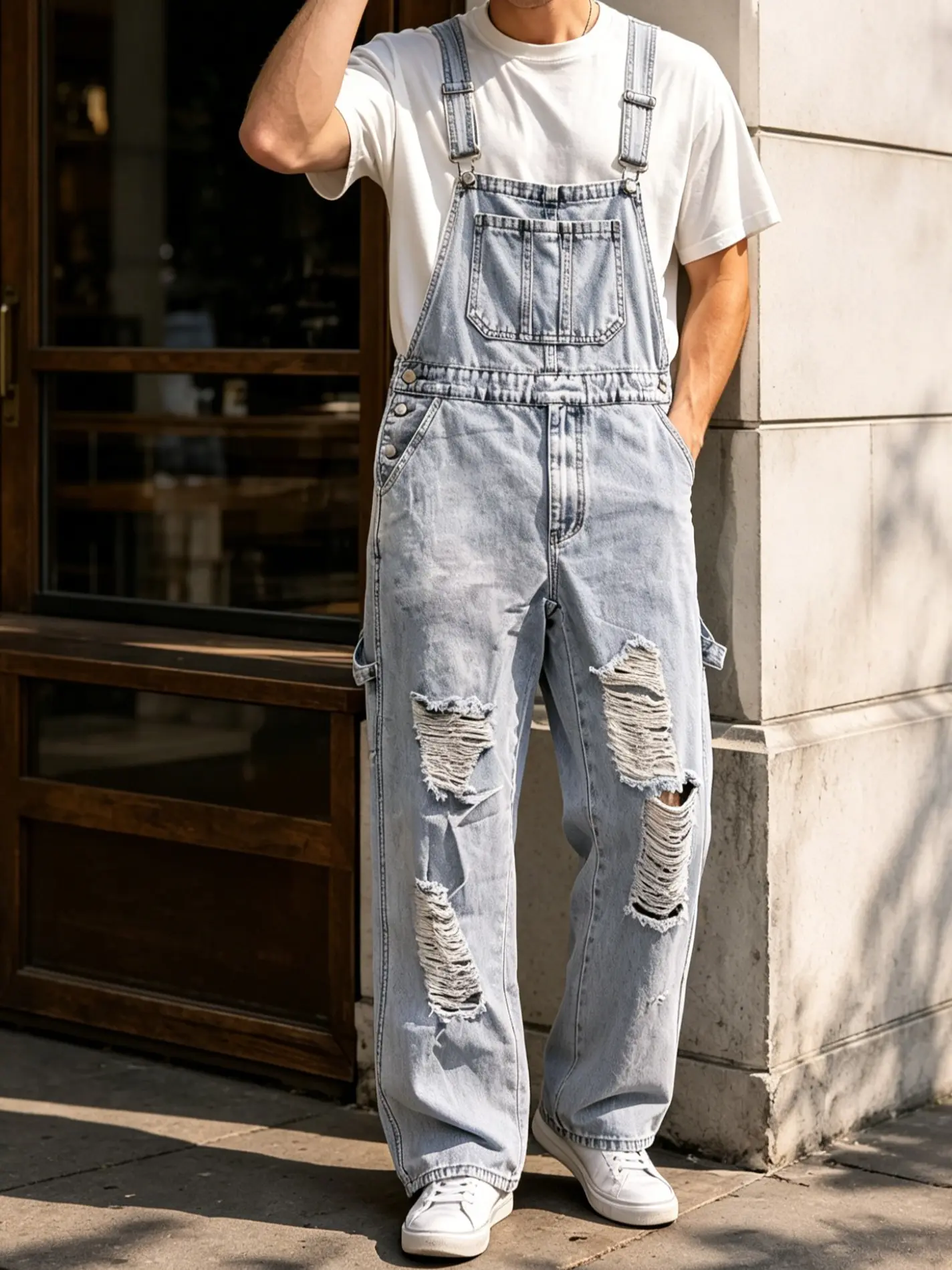 Menswear Light Wash Ripped Denim Bib Overalls - Distressed, Vintage, Loose-Fit, Buckle-Closure Jean Jumpsuit with Pockets for Casual Streetwear, Daily Wear
