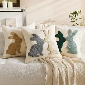 Easter Bunny Pillow Covers Set of 2, 18x18 Inch Country Style 3D Embroidered Rabbit Cushion Cases, Bed Sofa Home Decor