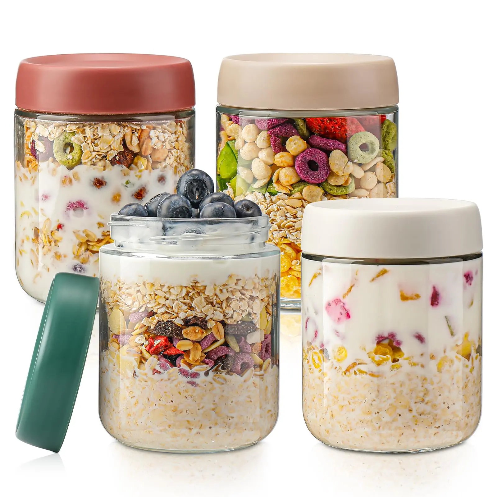 Overnight Oats Containers with Lids,16oz Glass Jars with Lids - Set Of 4, Practical Oatmeal Container to Go, Chia Seed Pudding Jars, Baby Food