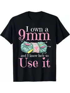 Men'S & Women'S Funny Crochet Humor T-Shirt - 220gsm Heavyweight 100% Retro Graphic Tee with "I Own a 9mm & I Know How to Use It" Slogan & Crochet Yarn Ball Design - Casual Crew Neck Short Sleeve Shirt for Crochet Lovers, All-Season Comfort Fit