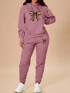 Women's Leopard Print Hoodie Set, Long Sleeve Sweatshirt & Pants, Casual Fitted, Spring & Fall Fashion, Womenswear, 2 Piece Set