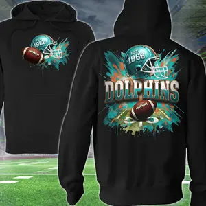 Dolphins Football 2 Sided Hoodie, EST 1966 Football Player Sweatshirt, Sports Apparel, Turquoise Helmet Pullover Classic T-shirt, Graphic Printed Streetwear Top, 100% Cotton, Gift For Fans