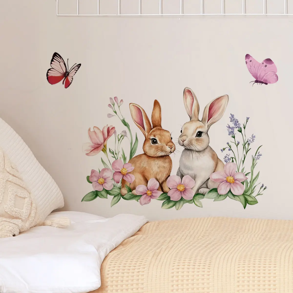 A self-adhesive rabbit and flower wall sticker Floral Pattern Sticker for bedroom and living room background wall home decoration Decorative Stickers Wall Art Stickers Wall Decal M18583