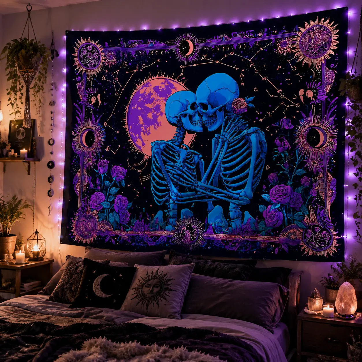 1pc Gothic Romantic Synthetic Cloth Tapestry - Smooth Hanging Print, Skull Couple, Purple Rose, Sun-Moon Phase Pattern, Large Size Poster for Halloween, Bedroom Decor (Neon Colors, Non-Fluorescent)