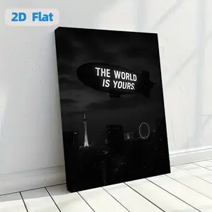 2D Flat, 1pc, Wooden Frame Canvas Painting Poster,<The World Is Yours> Inspirational Text Night Scene Airship Black and White Style Canvas Painting, Modern Poster Canvas Painting for Living Room, Bedroom, Office, Cafe Decoration, Graphic Design, Ca
