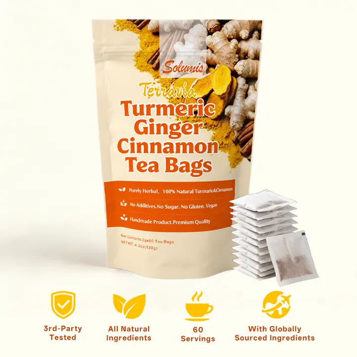 Solumis Tea Herbal Anti-Inflammatory Tea, 100% natural, eco-friendly tea bags. Contains turmeric, ginger, and cinnamon. Biodegradable tea bags. Sugar-free, Caffeine Free, gluten-free, vegan healthy beverage. #Summervibes, Premium Herbal Blend