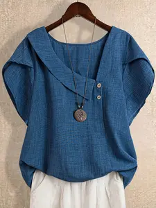 Plus Size Women's New Flower Puff Sleeve Shirt, Elegant Casual Short Sleeve Fitted Blouse for All Occasions, Stylish and Comfortable Fit