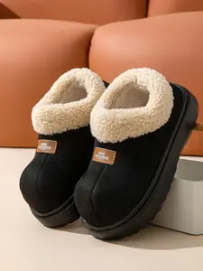 Women's Solid Color Plush Lining Patched Slippers, 2024 New Style Casual Soft Comfortable Home Slippers, Warm Slippers for Indoor & Outdoor Use for Fall & Winter, House Slippers, House Shoes
