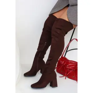 Mandy Block Heel Over The Knee Boots - Brown Suede