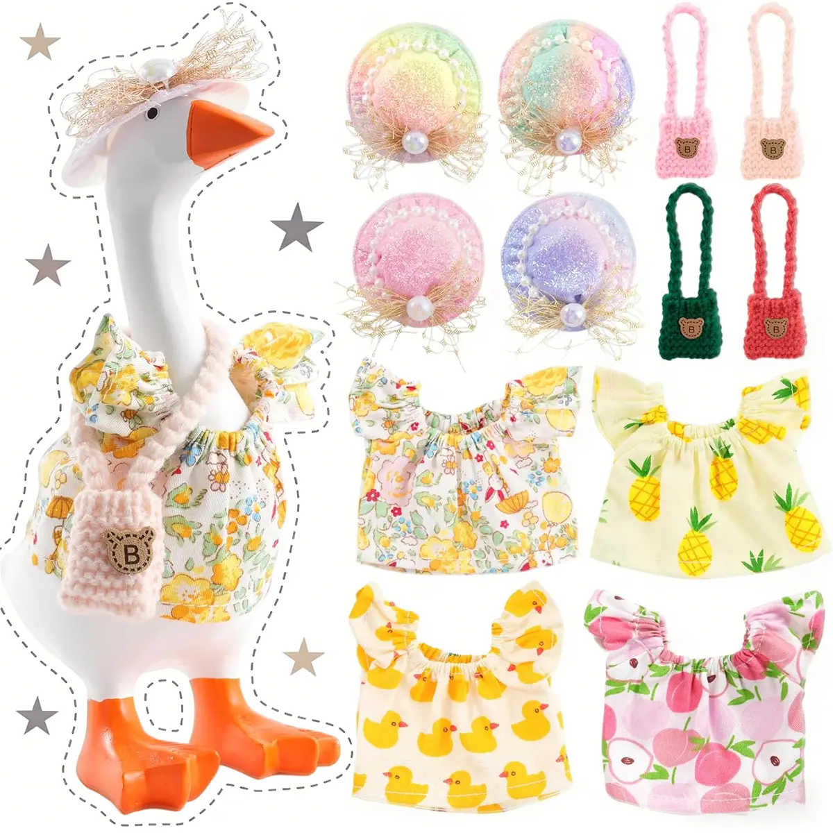 4set Cute 7-Inch Desktop Goose Outfits — Mini Clothing & Accessory Sets Designed for Magnetic Desktop Goose Figurines — Adorable Decorative Combinations Including Hats, Skirts, and Bags (Patterned Styles)