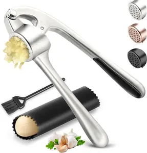 Garlic Press Stainless Steel Garlic Crusher Set with Silicone Peeler and Cleaning Brush Easy Squeeze Garlic Mincer Tool Dishwasher Safe Kitchen Prep Gadget Matte Finish