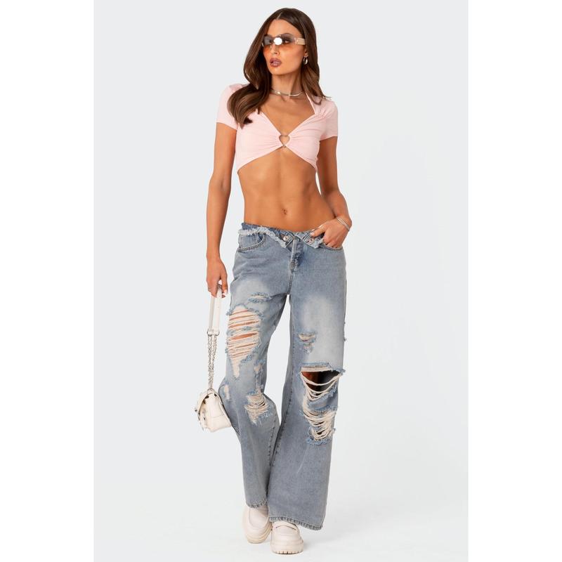 Distressed Fold Over Low Rise Wide Leg Jeans