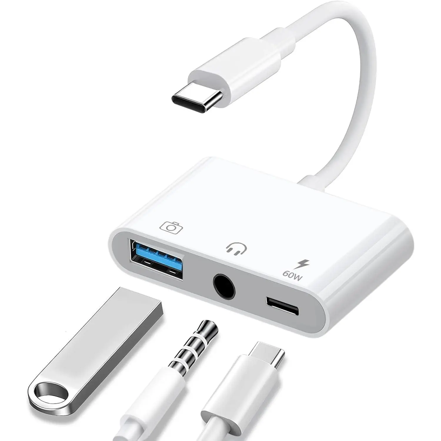 Aux to USB C to USB Adapter, 3-in-1 USB OTG Adapter with USB C to 3.5mm Audio Adapter and 60W PD   Port, Compatible with iPhone15/16/17, iPadPro, MacBook, Galaxy S23 and