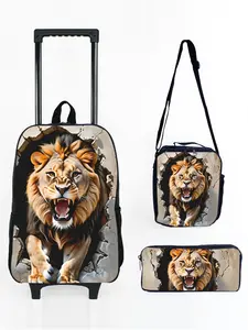 17-inch Wheeled Backpack 3-Piece Set with Lion Breaking Wall Pattern Print