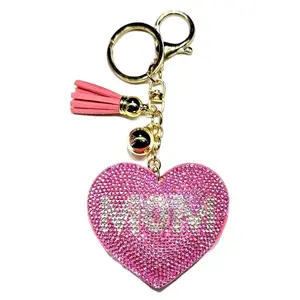 Mom Pink Heart Bling Keychain, Rhinestone design, Tassel Decor Sport Keychain for Men, Women, Kids Bling Backpack Keyrings, Purse Charms