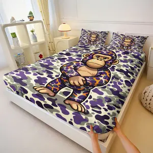 Purple Camo Monkey Fitted Sheet Set,Includes 1 Deep Pocket Fitted Sheet and 2 Pillowcases,Bold Streetwear Inspired Bed Sheet Set,Vibrant Camouflage & Cartoon Character Print,Perfect for Teens Bedrooms,Dorm Rooms,and Trendy Home Decor