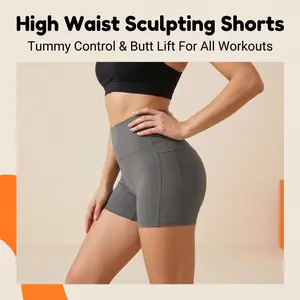 Female High Waisted Body Shaping Yoga Shorts, Nylon Blend Squat-Proof Butt Lift Tights, Curved Seams Soft Stretch Activewear for Running/Cycling Gym Workouts