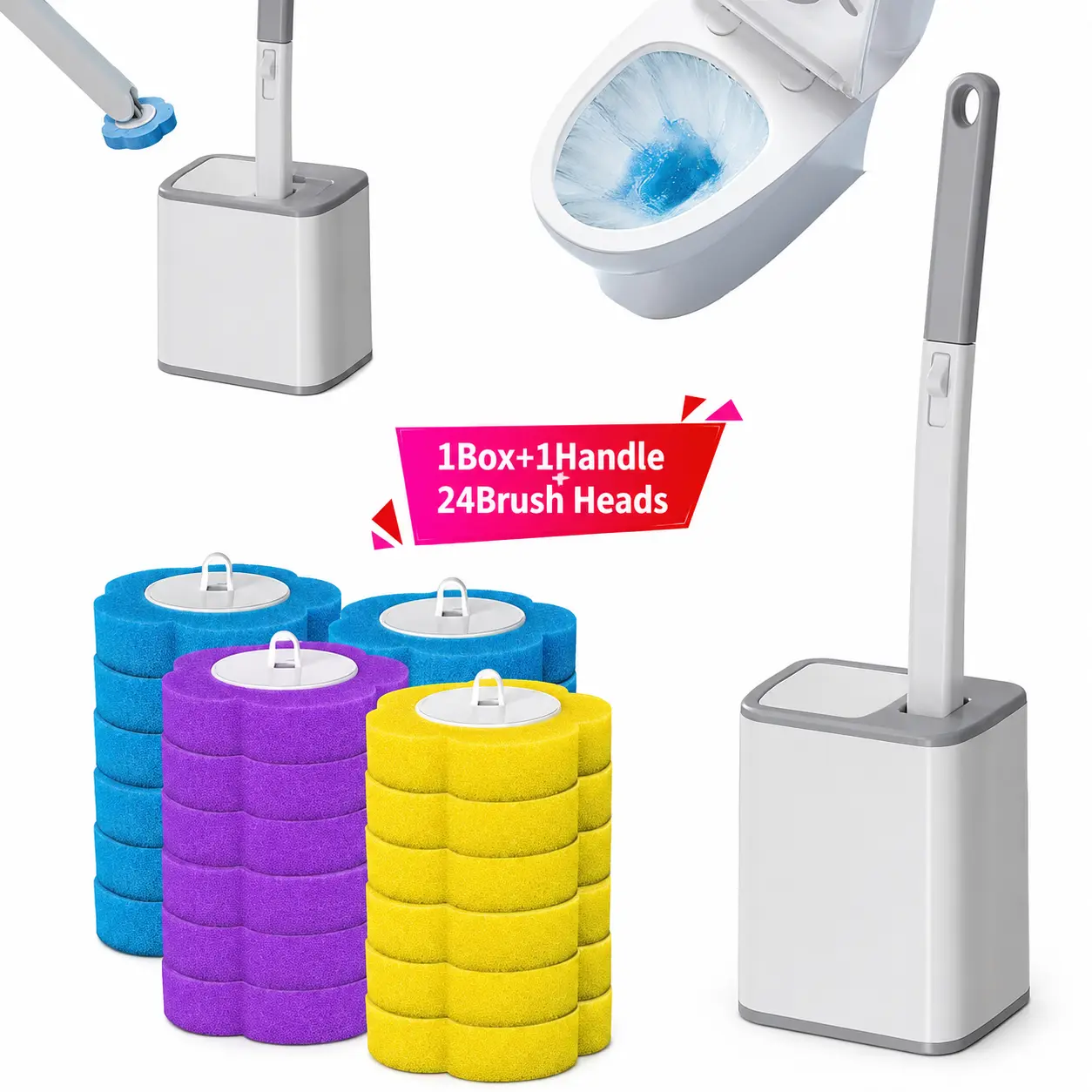 Upgraded Disposable Toilet Brush Set - Practical Bathroom Sanitation Tool with Extended Long Handle, Wall-Mount Cleaning Kit, 24 Disinfecting Refill Heads for Deep Clean of Toilet Bowl Stains