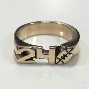 Hand Carved Yellow Brass Ring With Numbers Or Initials & Football Design Custom Made To Order Personalized