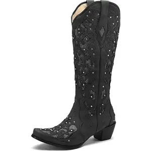 Black Cowgirl Boots for Women Cowboy Boots Western Boots Chunky Heel Pointed Toe Pull On Rhinestones Knee High Boots