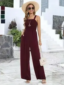 Elegant Commuter Women's Casual Backless Spaghetti Strap Sleeveless Square Neck Slim Fit Fitted Wide Leg Summer Jumpsuit, High Waist Long Pants Womenswear, High Waisted Jumpsuits