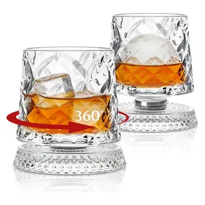 Spinning Whiskey Glass with Base, Rotating Old Fashioned Clear Rocks Glass for Scotch & Bourbon, Cocktail Glass for Bar, Party, Home, and Gift