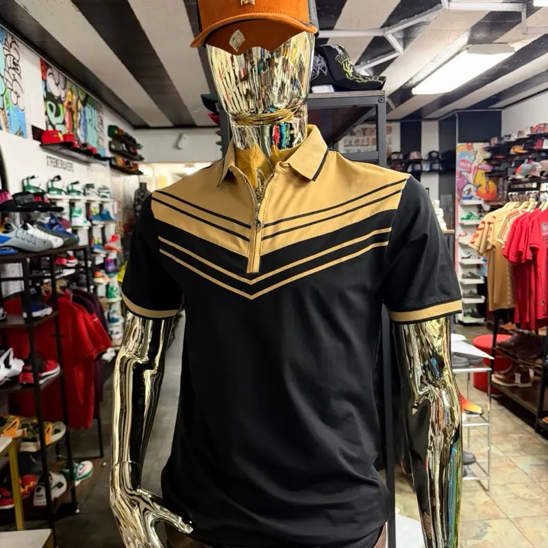 Rivelli Polo Shirt - Black with Gold Stripes, Short Sleeve, Fitted Design, Suitable for Summer Wear Menswear