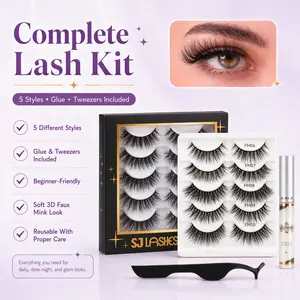 SJ LASHES False Eyelashes Kit, 5 Pairs 3D Faux Mink Wispy Natural Lashes with Glue & Tweezers, Reusable Soft Lightweight False Lashes, 5 Styles Makeup