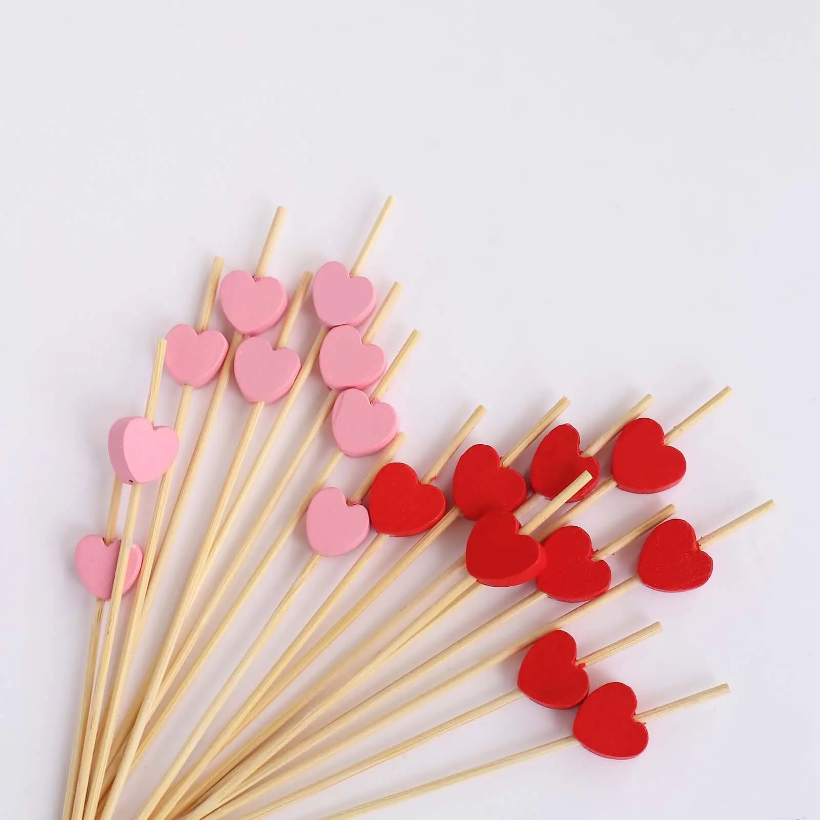 100-Pack Red/Pink Bamboo Skewers 5", Heart Design Biodegradable Cocktail Sticks - Eco Friendly Fruit Appetizer Party Picks