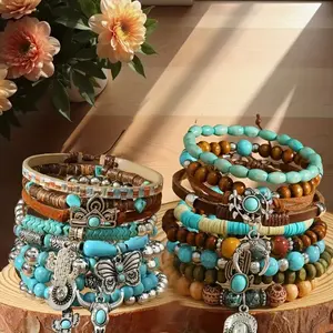 18Pcs Bohemian Turquoise Beaded Bracelet Set For Women & Men, Loose & High Stretch Handmade Jewelry For Daily Wear & Gift Giving