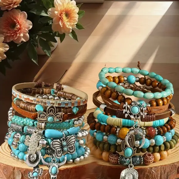 Turquoise Beaded Bracelet Set for Adults, 18-Piece Bohemian Stackable Stretch Jewelry, Handmade Gift for Daily Wear, Stacked Bracelets, 18Pcs, 5.6Cm/2.20Inch, Arm Candy Accessories, Gift Giving, Gemstone