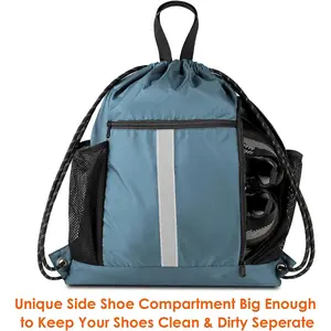 BeeGreen Drawstring Backpack Sports Gym Bag With Shoe Compartment and Two Water Bottle Holder -