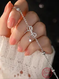 925 Sterling Silver Elegant Bowknot Design Rhinestone Decor Bracelet, Fashion Jewelry Accessories for Women & Girls, Trendy Exquisite Jewelry for Birthday Gift, Fashion Bracelets, Bracelet With Pendant