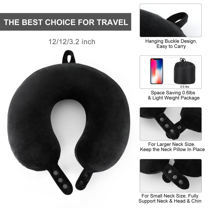 Travel Neck Pillow for Head Support - Best Memory Foam Airplane Pillow for Plane, Car & Home Recliner Use (Black)