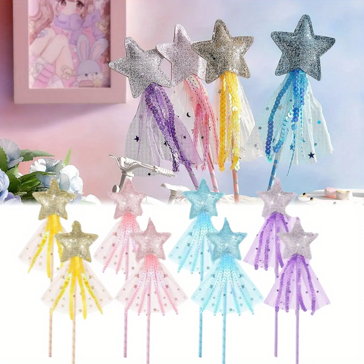 8 Pcs Fairy Wands,Star Glitter Princess Wands for Girls Yougers Princess Party Favors Angel Sticks with Ribbon Costume Props for Birthday Wedding Cosplay Magical Masks gift  for  girls bridal  shower  gift