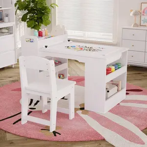 Art Table with 2 Chairs, Toddler Craft Play Wood Activity Desk with Large Storage Shelves for Writing Drawing, Nursery, Children's Wooden Furniture for Classroom Daycares, Home